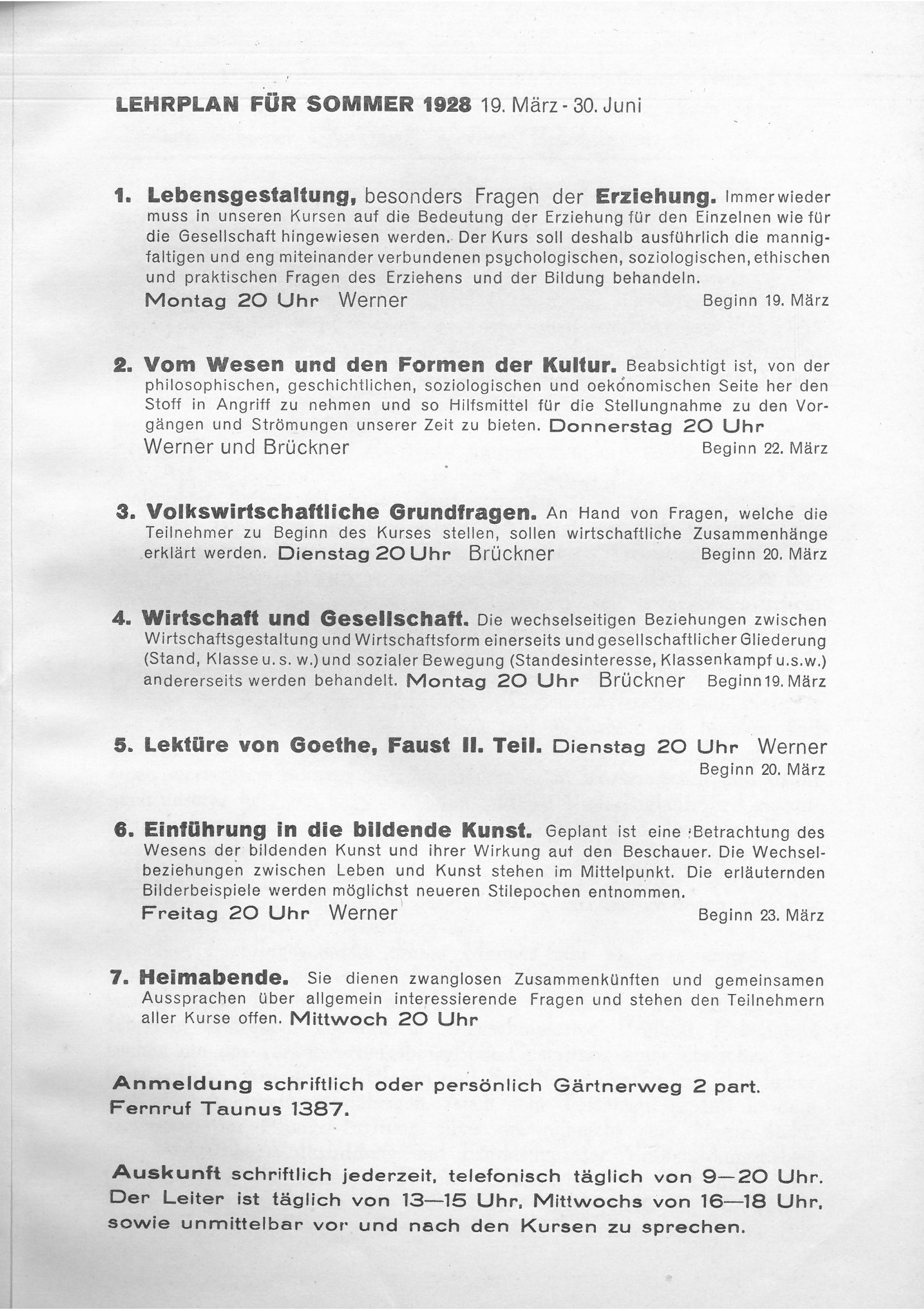 Auszug aus dem Lehrplan für das Sommersemester März bis Juni 1928 der Dr. Arthur Pfungst-Stiftung